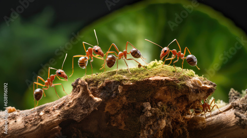 Team of ants constructing on sunset, work with log © Sasint