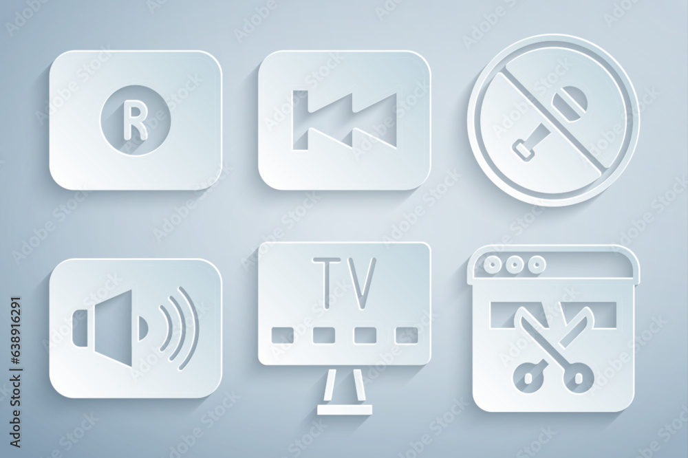 Set Smart Tv, Mute microphone, Speaker volume, Video recorder or editor, Rewind button and Record icon. Vector Set Smart Tv, Mute microphone, Speaker volume, Video recorder or editor, Rewind button and Record icon. Vector
