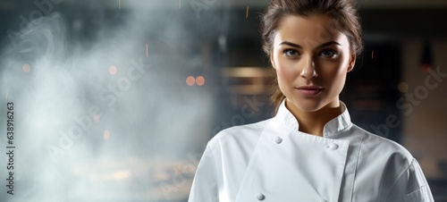 Professional Female Chef in White Uniform on a Silver Background with Space for Copy.