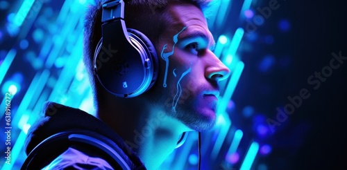 Professional Gamer in Headset on a Neon Blue Background with Space for Copy.