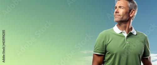 Relaxed Middle - Aged Man in Golf Attire on a Grass Green Background with Space for Copy.