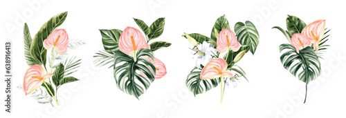 Set of tropical bouquet watercolor vector elements design