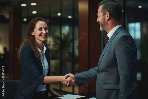 Businessman and businesswoman shaking hands at group board meeting. Professional business executive leaders making handshake agreement successful company trade partnership. Generative AI. © GustavsMD