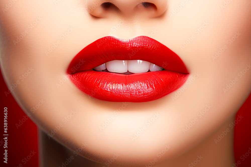 Obraz premium Lips with red lipstick. Beauty and cosmetics concept. Generative Ai