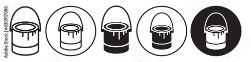 Paint bucket icon. Symbol of Home color metal can container with handle. Vector set of tin pot jar of colour work in house renovation or restoration to decorate wall or building. Palette drip