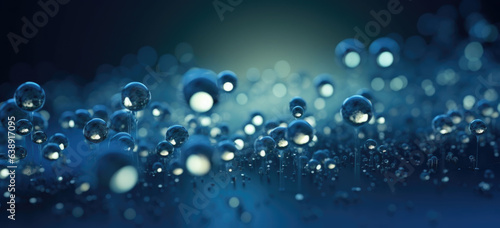 Many transparent molecules on blue background. Abstract structure for science or medical background. banner
