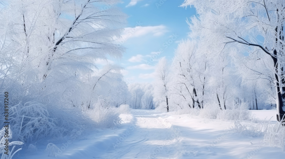 Obraz premium Winter landscape with fair trees under the snow. Scenery for the tourists. Christmas holidays. Trampled path in the snowdrifts.