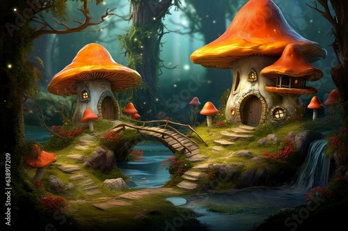 mushroom house in the magical forest, fantasy - AI generated
