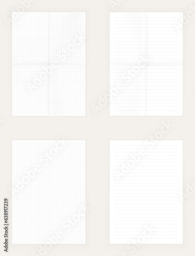 Realistic blank sheets of lined and square paper. Vector set of paper sheets