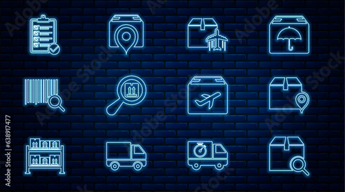 Set line Search package, Location with cardboard box, Plane and, barcode, Verification of delivery list, and icon. Vector