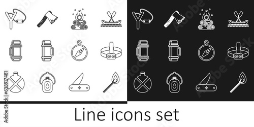 Set line Burning match with fire, Head flashlight, Campfire, Thermos container, Slingshot, Compass and Old wooden axe icon. Vector
