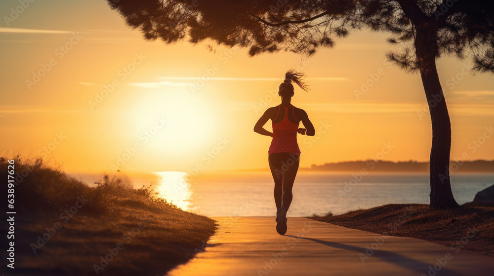 Young fitness woman running on sunrise seaside trail