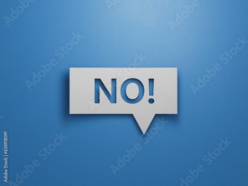 No - Speech Bubble. Minimalist Abstract Design With White Cut Out Paper on Blue Background. 3D Render.
 photo