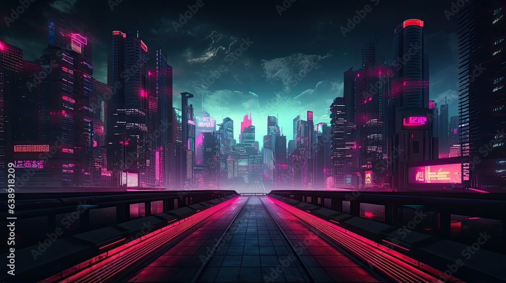 Illustration in retro cyberpunk style, neon cityscape.