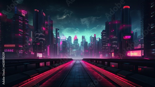 Illustration in retro cyberpunk style  neon cityscape.