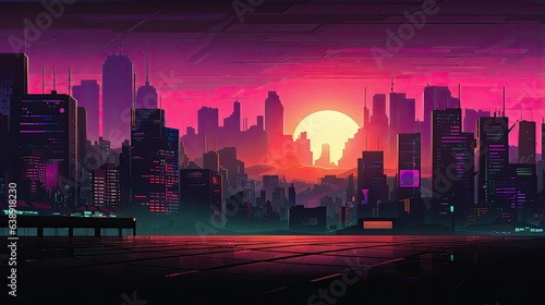 Illustration in retro cyberpunk style  sunset on the background of the city.