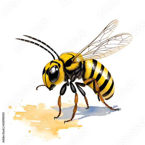 Wasp in cartoon style. Wasp isolated on white background. Watercolor drawing, hand-drawn in watercolor. Illustration style.
