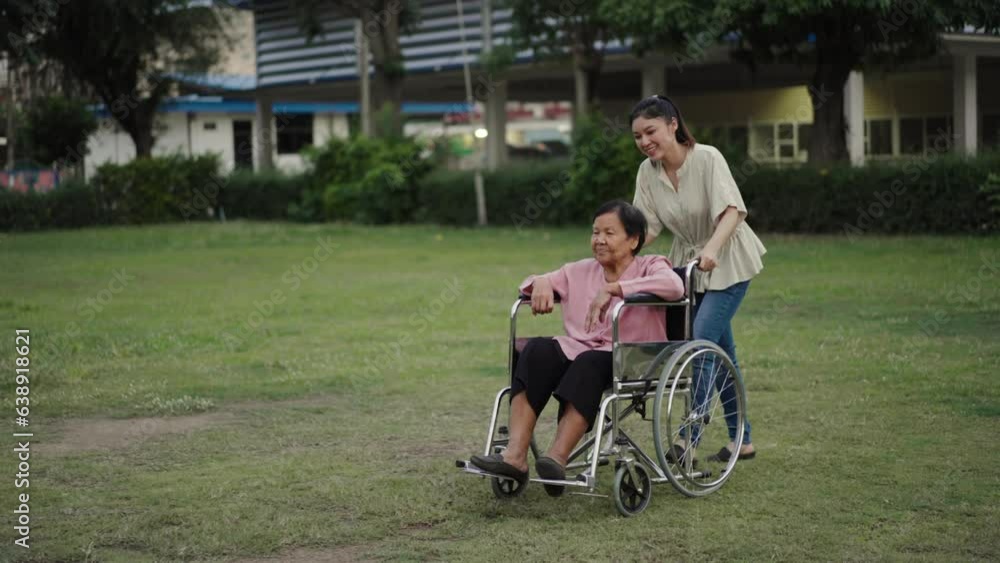 granddaughter pushing senior woman in wheelchair at the park granddaughter pushing senior woman in wheelchair at the park