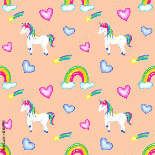 Unicorn, watercolor pattern for girls. wallpaper for nursery. rainbow star heart. seamless.