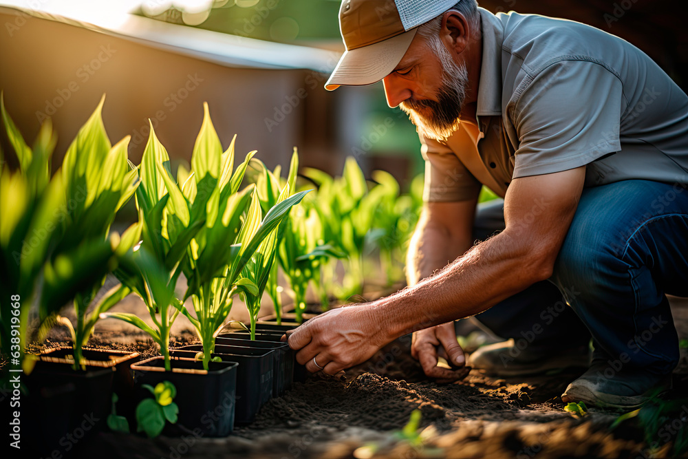 Fototapeta premium Farmer examining corn plant in field. Agricultural activity at cultivated land.