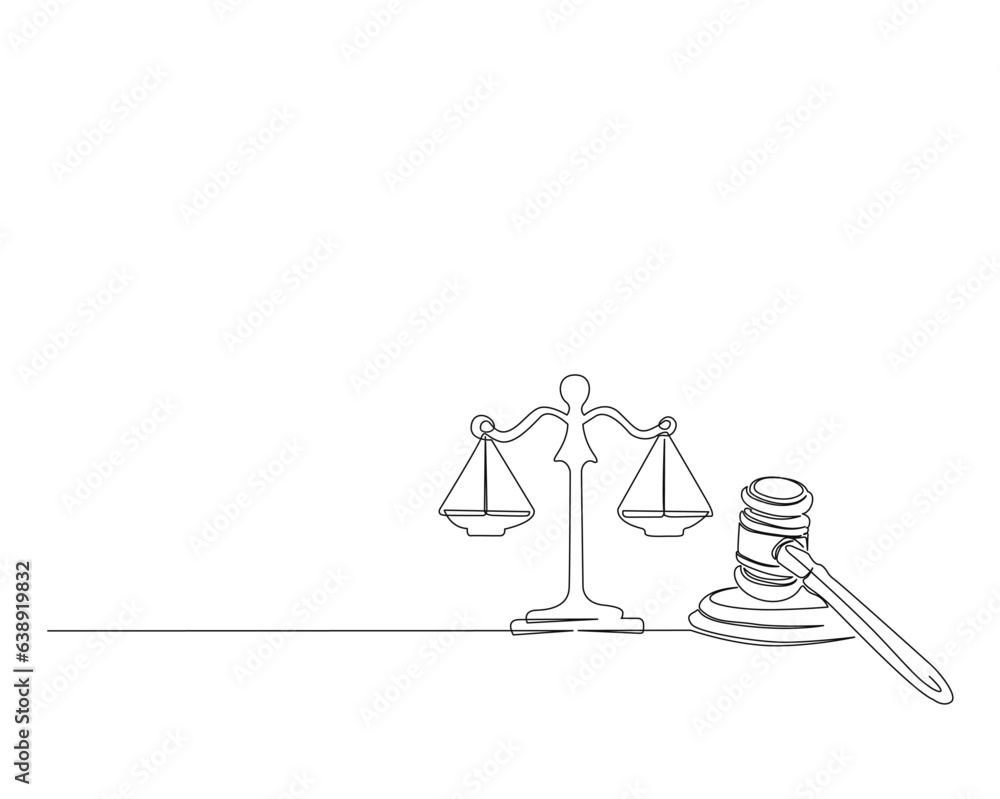 Continuous one line drawing of judicial scales and hammer. justice