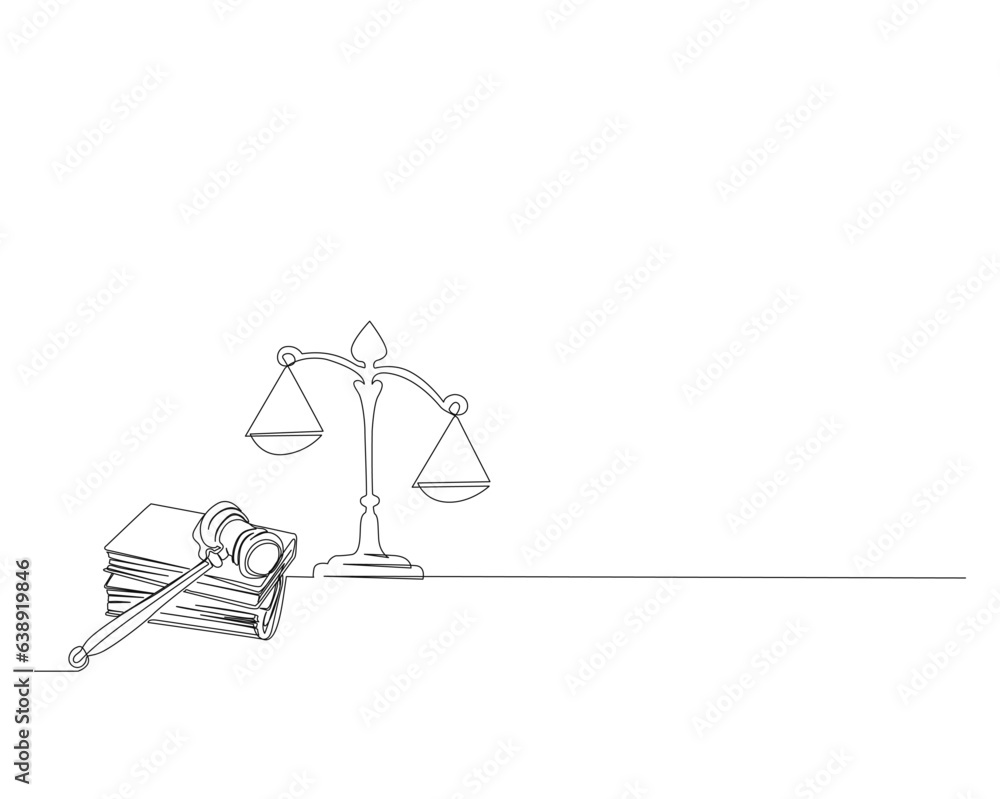Continuous one line drawing of judicial scales and hammer. justice hammer and scales outline vector illustration. Editable stroke. 