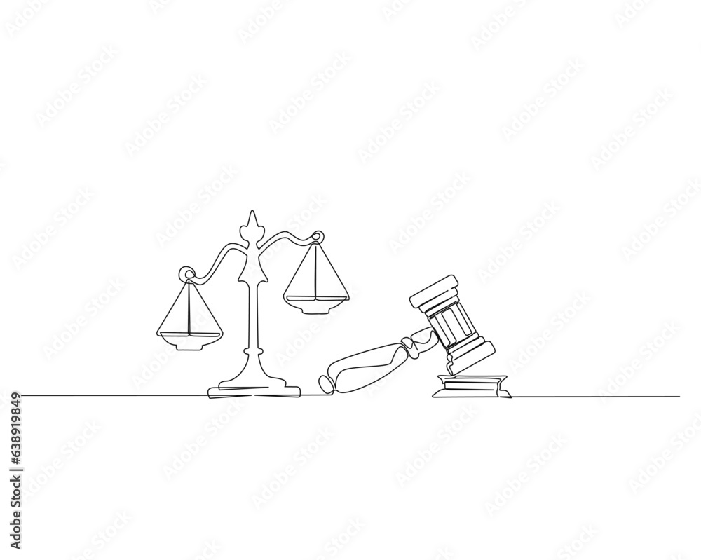 Continuous one line drawing of judicial scales and hammer. justice