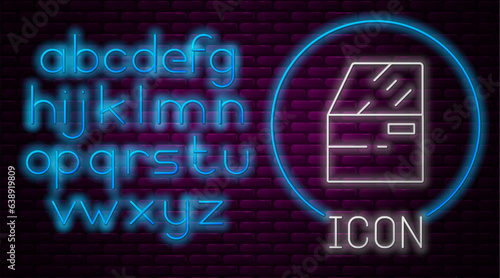 Glowing neon line Car door icon isolated on brick wall background. Neon light alphabet. Vector
