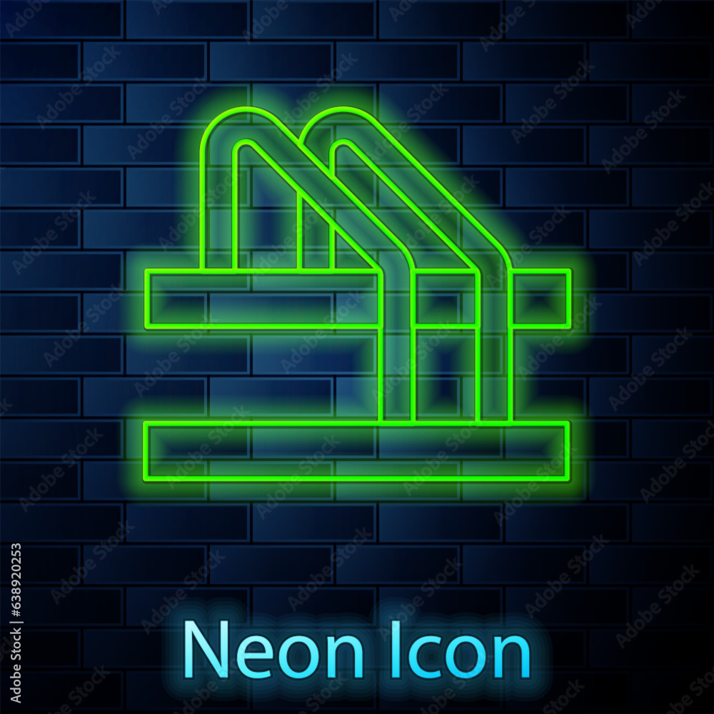 Glowing neon line Bicycle parking icon isolated on brick wall background. Vector Glowing neon line Bicycle parking icon isolated on brick wall background. Vector