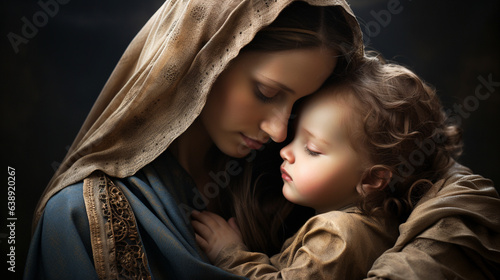  Holy Mary holding baby Jesus Christ in her arms. Graphic representation. AI generativ. © Dar1930