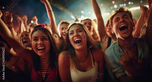 Front row of a concert with a group of excited music fans looking into the camera singing and dancing