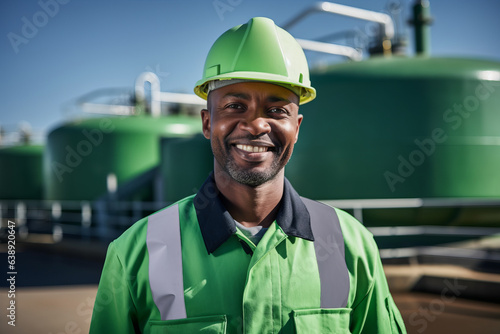 Sewage treatment plant employee portrait , wearing green security outfit, domestic wastewater treatment facilities in background