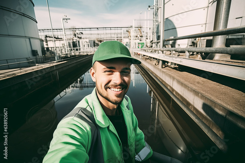 Sewage treatment plant employee portrait , wearing green security outfit, domestic wastewater treatment facilities in background