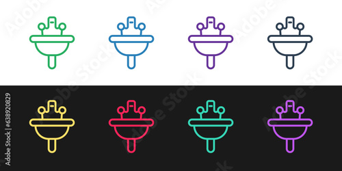 Set line Washbasin with water tap icon isolated on black and white background. Vector