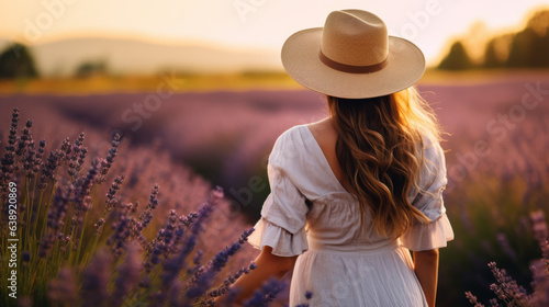 Happy caucasian woman with long hair and a hat walking through in purple lavender flowers field