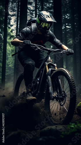 Man on this electric mountain bike in middle of the forest