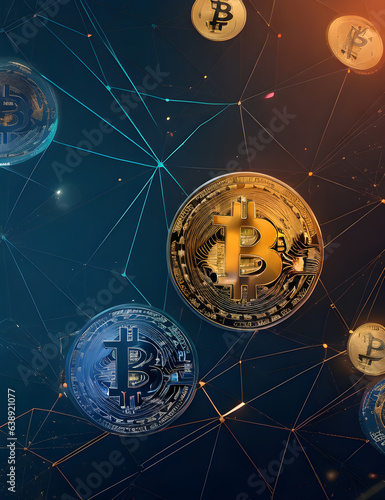 Global Abstract Bitcoin Crypto Currency Blockchain Technology line particle background Illustration