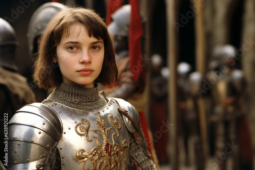 Print op canvas Young woman costumed as Joan of Arc aka Jeanne d'Arc wearing a knight plate armo