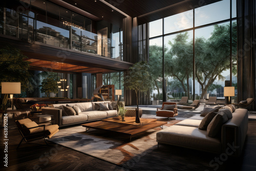 A professional real estate broker showcasing a luxurious property to potential buyers, capturing the essence of the real estate market. Generative AI © bluebeat76