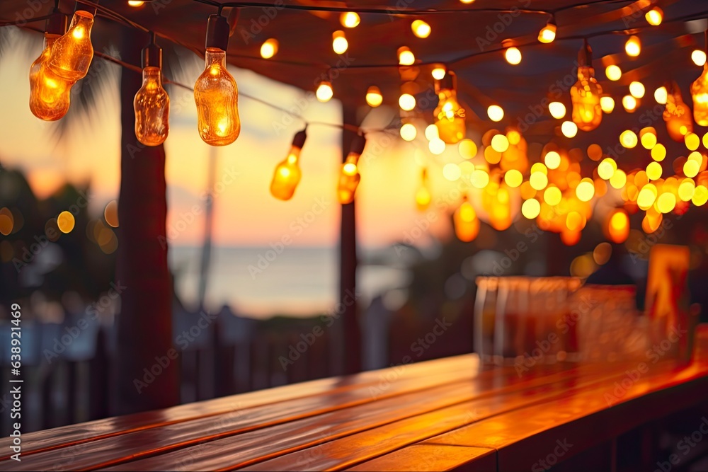 String Light on Beach Bar. Blurred Bokeh Light in Summer Sunset with Yellow String Lights Decor in Beach Bar Event