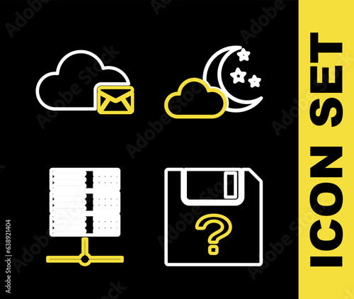 Set line Cloud with moon and stars, Unknown document, Server, Data, Web Hosting and mail server icon. Vector