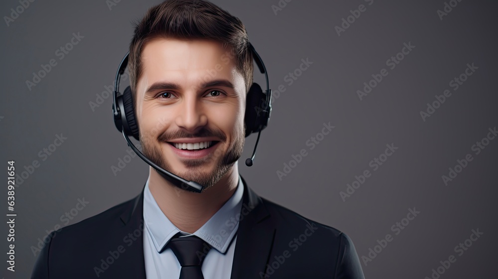 Happy Call Center Employee. Professional Service Support Agent Wearing Headset and Holding Phone, Isolated on a Gray Background Happy Call Center Employee. Professional Service Support Agent Wearing Headset and Holding Phone, Isolated on a Gray Background