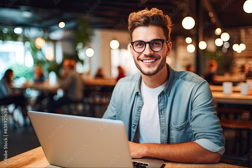 Portrait of Smiling Hipster Guy: Skilled Male IT Developer Typing on Laptop Computer in Cafe Interior, Chatting and Creating Content for Website and App Generation Portrait of Smiling Hipster Guy: Skilled Male IT Developer Typing on Laptop Computer in Cafe Interior, Chatting and Creating Content for Website and App Generation