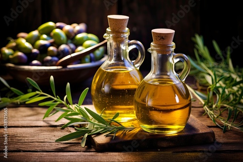 Agriculture Gold. Olive Oil and Balsamic Vinegar Bottles with Glasses on Fresh Wooden Background. Perfect for Food and Consumption Aroma