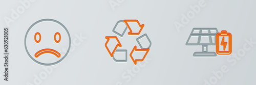 Set line Solar energy panel and battery, Sad smile and Recycle symbol icon. Vector