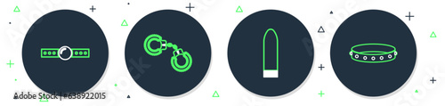Set line Sexy fluffy handcuffs, Dildo vibrator, Silicone ball gag and Leather fetish collar icon. Vector