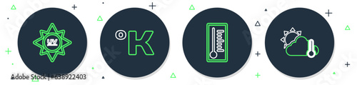 Set line Kelvin, Meteorology thermometer, UV protection and Thermometer and cloud, sun icon. Vector