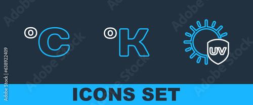 Set line UV protection, Celsius and Kelvin icon. Vector