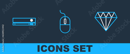 Set line Diamond, Video game console and Computer mouse icon. Vector