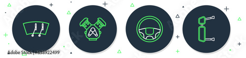 Set line Car engine, Steering wheel, Windscreen wiper and Truck side mirror icon. Vector